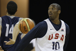U.S. basketball superstar Kobe Bryant practices for the 2008 Olympic Games.