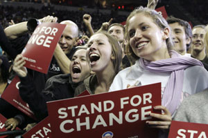 Students cheer at a rally for Democratic presidential nominee Barack Obama in February.