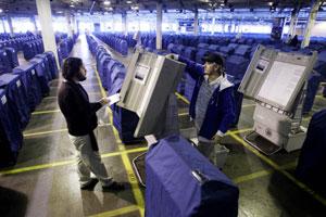 Technicians in Philadelphia inspect some of the approximately 3,500 voting machines to be used in the upcoming elections.