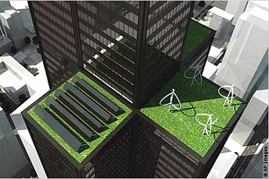An architectural rendering of Chicago’s Sears Tower (slated for “green” remodeling) shows a roof with solar panels and wind turbines. AP Pictures