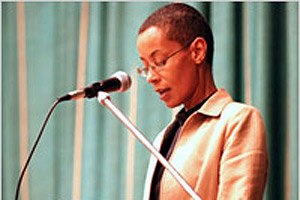 Mirembe Nantongo from the U.S. Embassy in Iraq reads poetry at the first Iraqi/American Poetry Reading. (U.S. Embassy, Iraq)