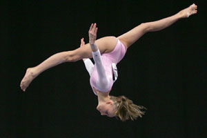 Nastia Liukin of the U.S. performing her balance beam routine at the Pacific Rim Gymnastics Championships in San Jose, Calif., Sunday, March 30, 2008. (AP Photo/Tony Avelar)