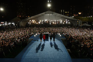 Democratic presidential candidate Sen. Barack Obama, D-Ill., his wife Michelle and daughters Malia, 10, and Sasha, 7, take the stage to deliver his victory speech at his election night party in Grant Park in Chicago, Tuesday night, Nov. 4, 2008. (AP Photo/Pablo Martinez Monsivais)