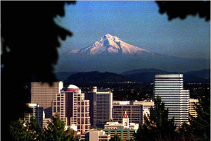 Washington Park Rose Garden in Portland's western hills offers a view of the city and Mount Hood in the distance (AP Images)