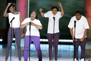 Created by Youth Speaks in 1998, the Brave New Voices Youth Poetry Slam Festival brings together 500 young people, building a national movement of youth spoken word and civic engagement. From left: Urban Word New York City Teen Poetry Slam finalists Kayan James, Alexis Wint, Jasmine Mans and Rahleek “B. Yung” Johnson.