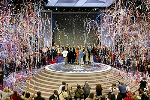 In recent decades, the Republican and Democratic national presidential nominating conventions have become less important, due to increased primary activity in advance. Now, they serve to showcase nominees, as here in the 2004 Republican convention in New York.<br />© J. Scott Applewhite/AP Images 