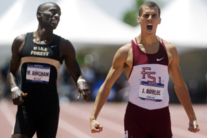 Florida State's Jonathan Borlee, right, reacts after winning the 400-meter final as Wake Forest's Michael Bingham looks on during the NCAA Outdoor Track and Field Championships in Fayetteville, Ark., on Saturday, June 13, 2009. (AP Photo/Beth Hall)