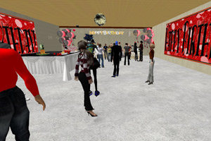 Second Life avatars celebrate Cisco Systems’ first year of participation in the virtual world. (Courtesy Cisco Systems Inc.)